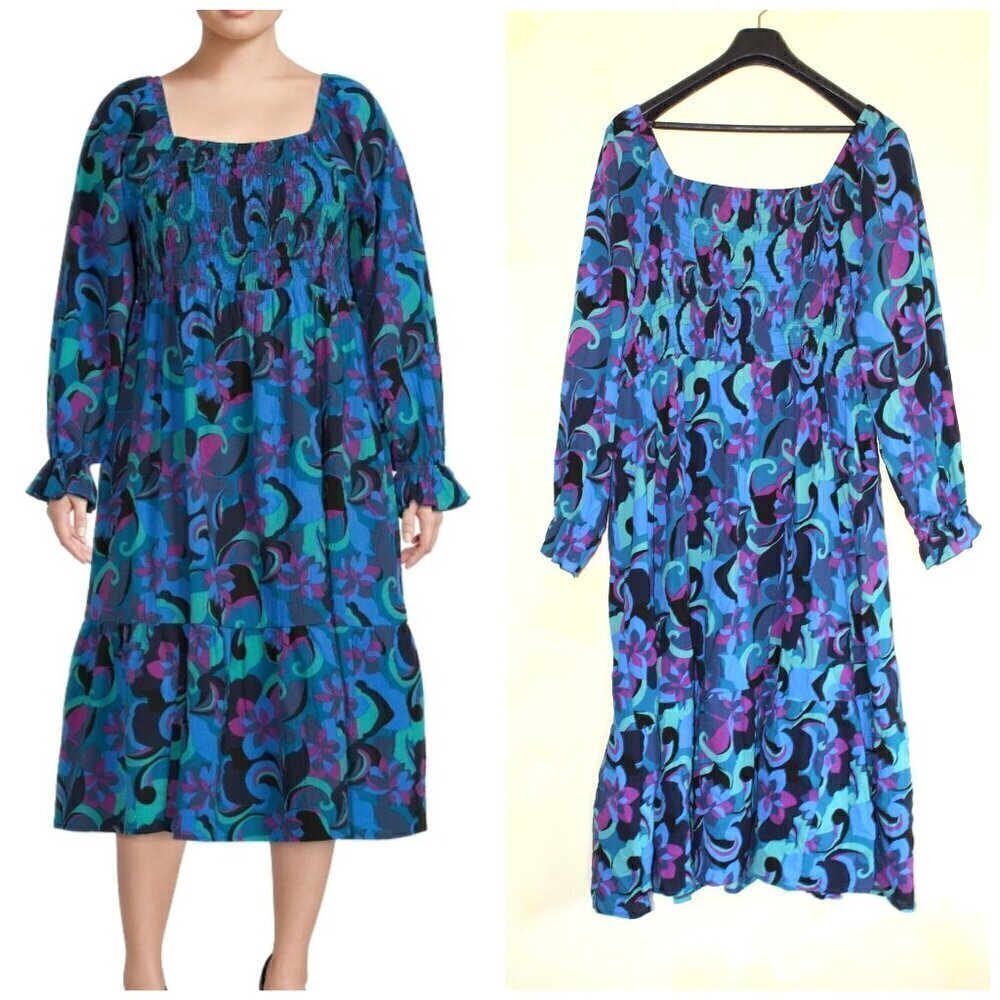 Terra & Sky Multicolor Blue Peasant Midi Dress Plus 4X Square Neck Long Sleeves